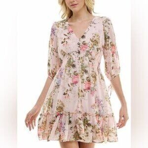 Taylor Women's 6 Floral Mini Dress Pink Tie Sleeve Romantic Coquette Spring